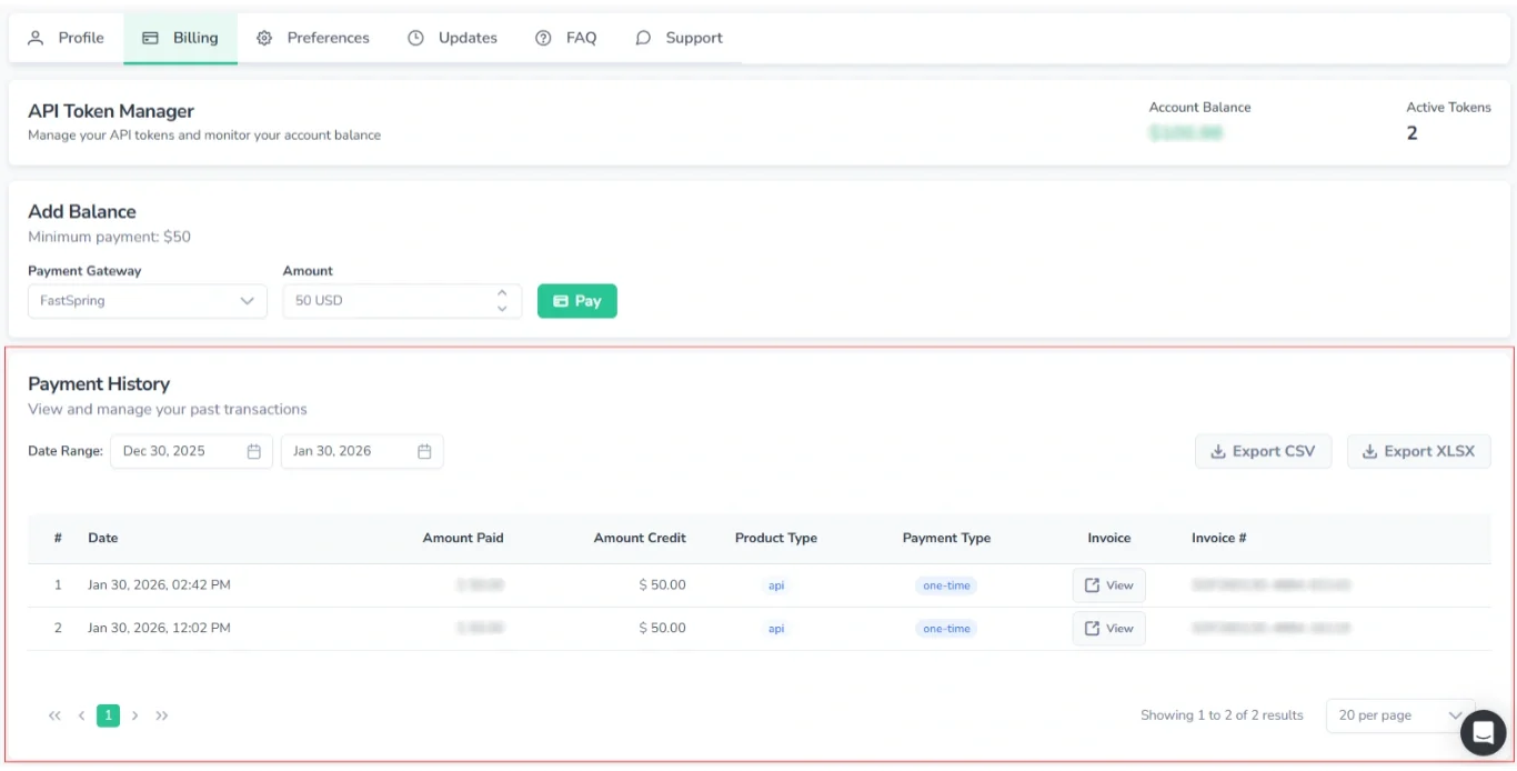 Screenshot of the FinImpulse Billing (Payments) page in API mode with the “Payment History” section highlighted in red.