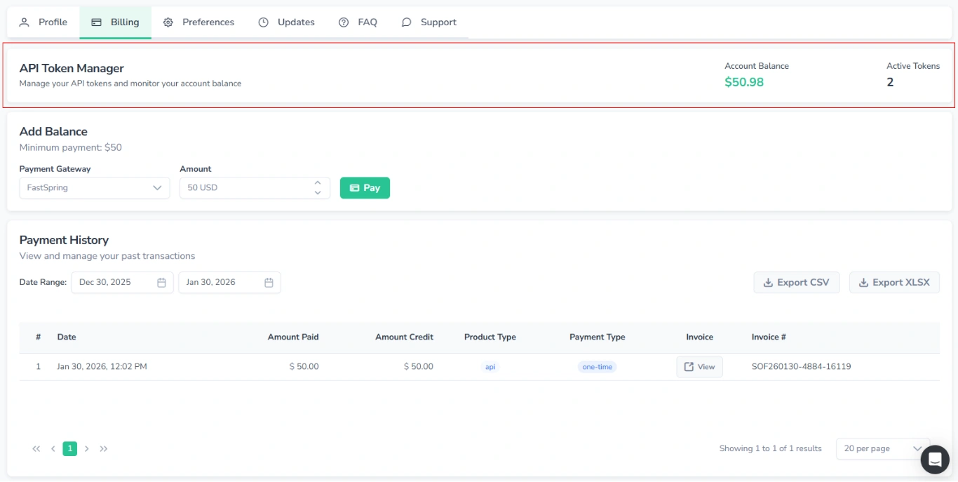 Screenshot of the Billing (Payments) page in FinImpulse (API mode) with the "API Token Manager" section highlighted in red.
