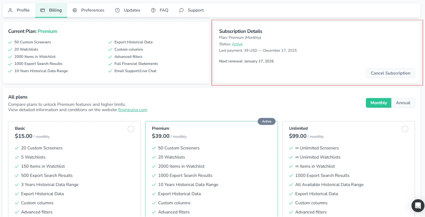 Screenshot of the Billing tab in FinImpulse (User mode) with the "Subscription Details" block outlined in red.