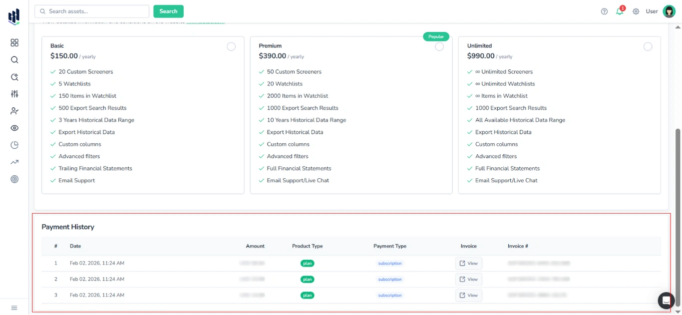 Screenshot of the FinImpulse Billing page (User mode) with the "Payment History" section highlighted in red.