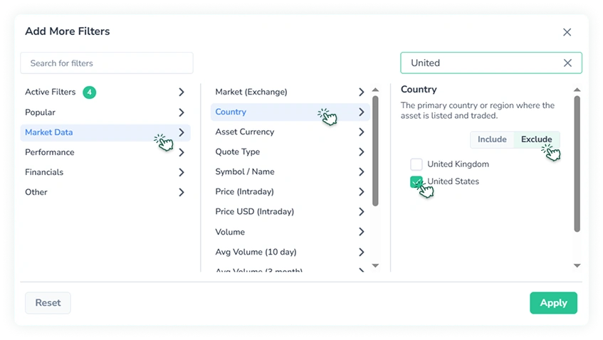 A screenshot of the FinImpulse Add More Filters pop-up, showing how to use the Country filter step by step.
