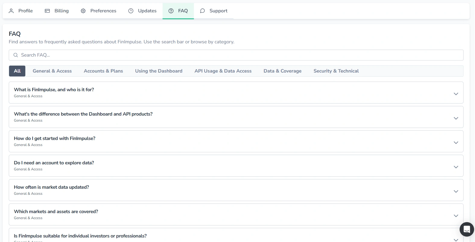 Screenshot of the FinImpulse FAQ tab.