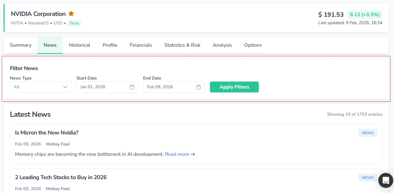 Screenshot of the News tab on the ticker page in FinImpulse, with the “Filter News” section highlighted in red.