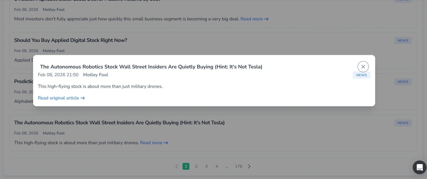 Screenshot of the News tab in FinImpulse, with a news pop-up in the foreground and the “Latest News” block in the background.
