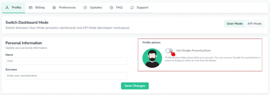Screenshot of the FinImpulse Profile page, where the "Profile Picture" section is highlighted in red and the red cursor is enabling the "Use Google Account picture" option.
