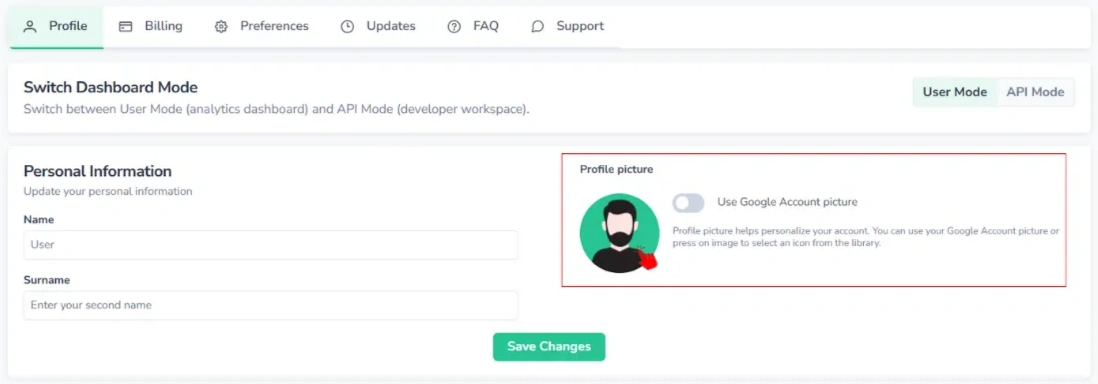 Screenshot of the FinImpulse Profile page, where the "Profile picture" area is highlighted in red and the red cursor opens the profile picture selector.