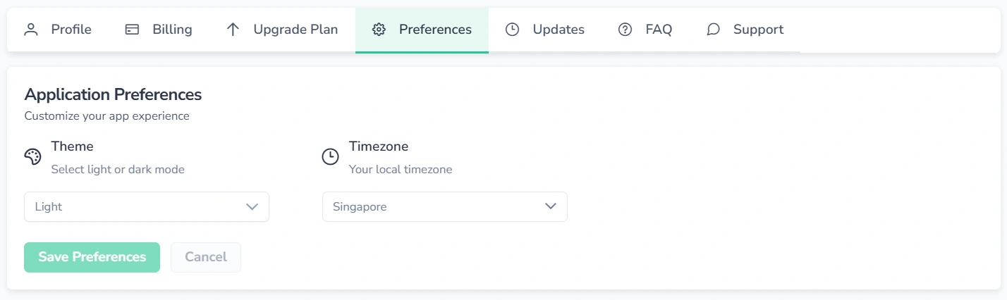 Screenshot of the FinImpulse Preferences page showing two settings: Theme (set to Light) and Timezone (set to Singapore), with Save Preferences and Cancel buttons at the bottom.