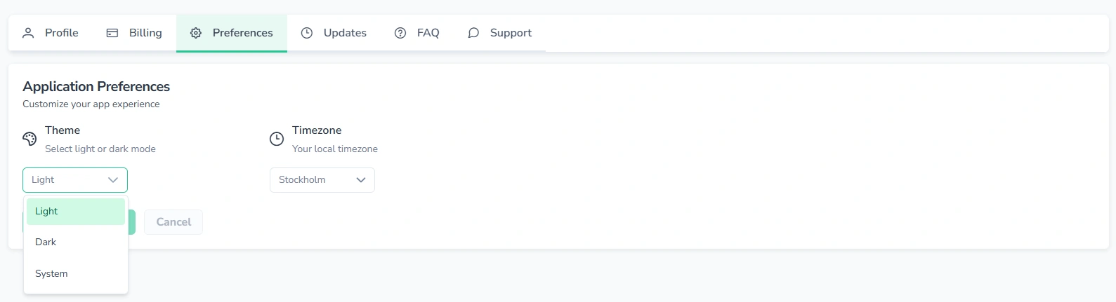 Screenshot of the FinImpulse Preferences page with the theme selector dropdown expanded.