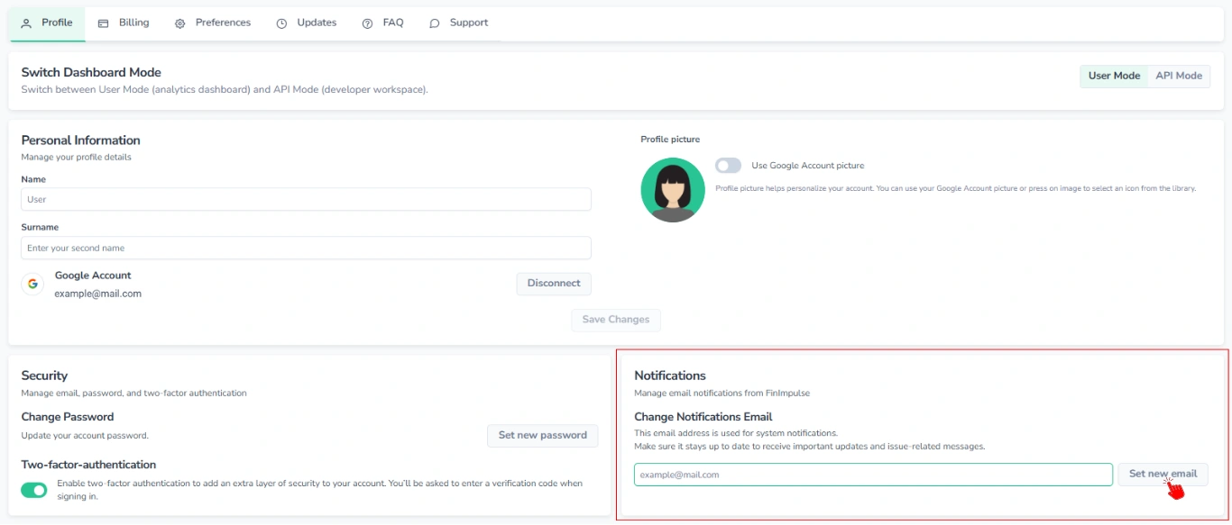 Screenshot of the FinImpulse Profile tab, with the "Notifications" area highlighted in red, the email input box highlighted in green, and the red cursor pressing the "Set new email" button.