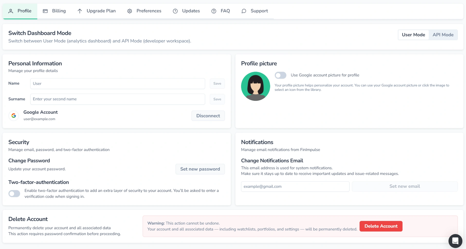 Screenshot of the Profile page in FinImpulse.