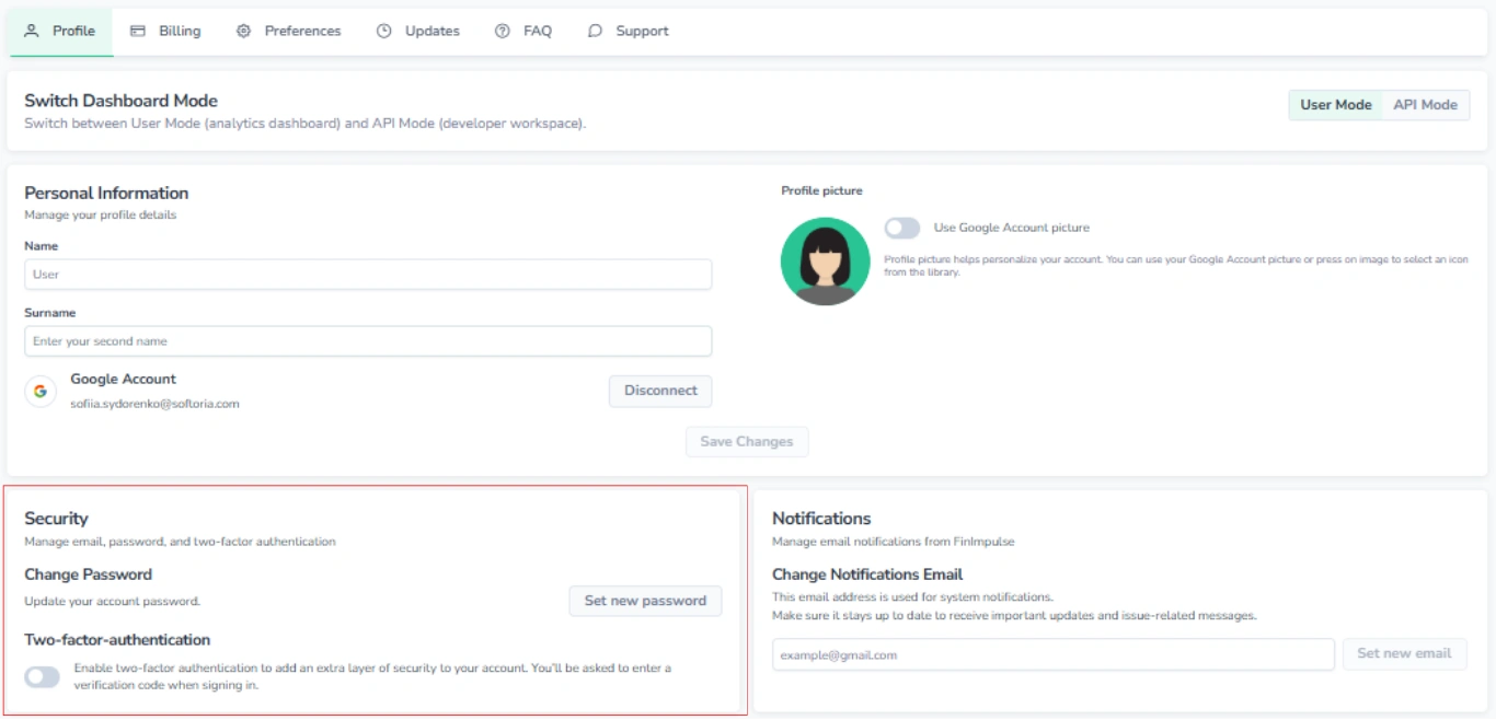 Screenshot of the Profile page in FinImpulse with the "Security" block highlighted in red.