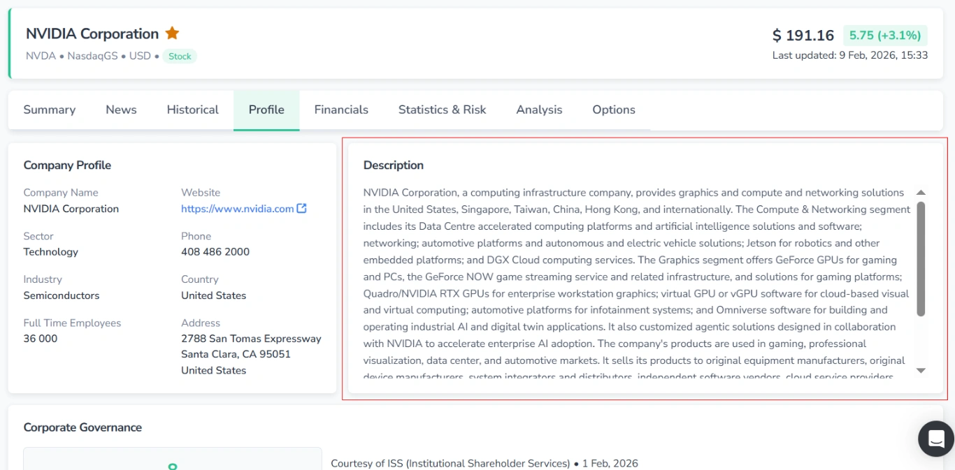 Screenshot of the Profile tab on the ticker page in FinImpulse for stocks, with the “Description“ block highlighted in red.