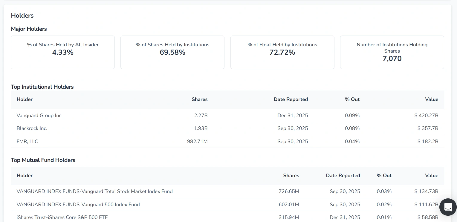 Screenshot of the Profile tab in FinImpulse for stocks, with the “Holders“ block highlighted in red.