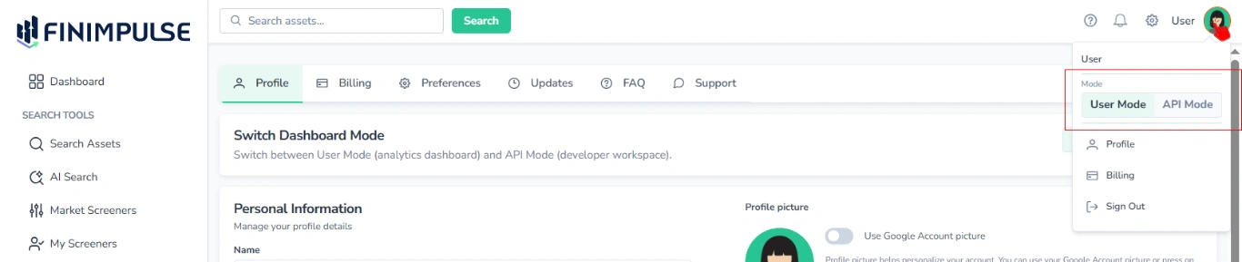 Screenshot of the Profile page in FinImpulse, where the red cursor clicks the profile picture to open the main user menu, with the dashboard mode switcher highlighted in red.