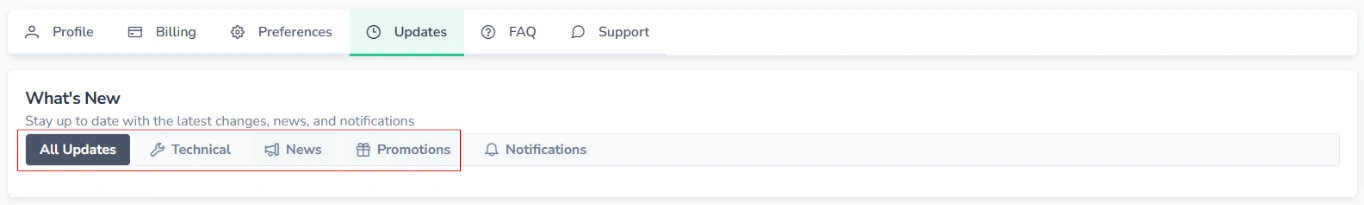 Screenshot of the FinImpulse Updates tab with the categories “All Updates,” “Technical,” “News,” and “Promotions” highlighted in red.
