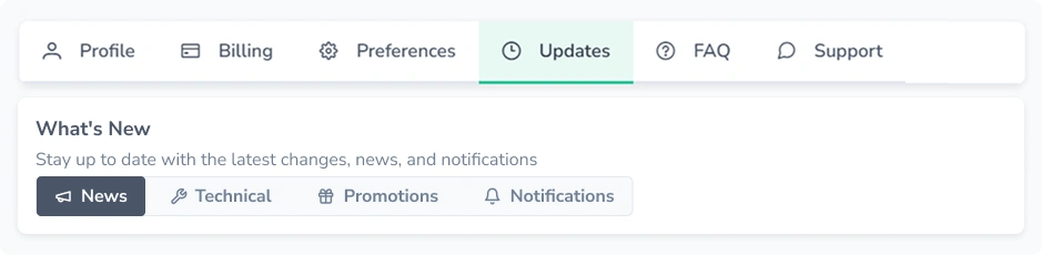 Screenshot of the FinImpulse Updates page showing four tabs: News (selected), Technical, Promotions, and Notifications.