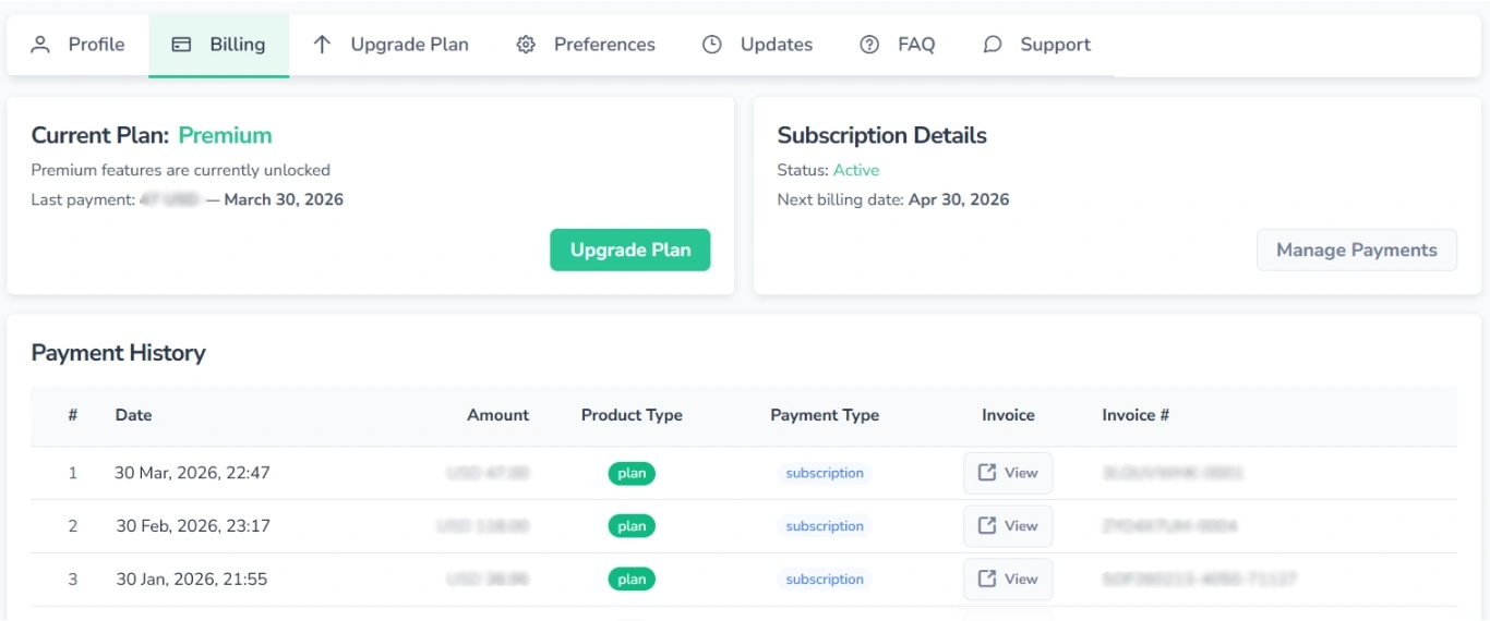 Screenshot of the Billing page in FinImpulse (User Mode), showing the Current Plan, Subscription Details, and Payment History sections.