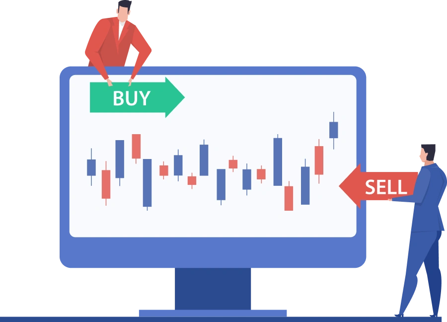 Two traders placing buy and sell orders on a stock market screen with candlestick chart.