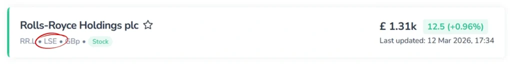 Screenshot of the Rolls-Royce Holdings plc asset header in the FinImpulse dashboard, with the exchange identifier (LSE) highlighted in red.