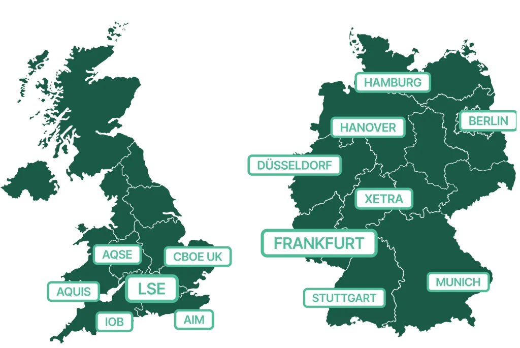 Maps of the United Kingdom and Germany with stock exchanges marked by location: LSE, AIM, Aquis, AQSE, Cboe UK, and IOB for the UK; Frankfurt, XETRA, Berlin, Munich, Stuttgart, Düsseldorf, Hamburg, and Hanover for Germany.