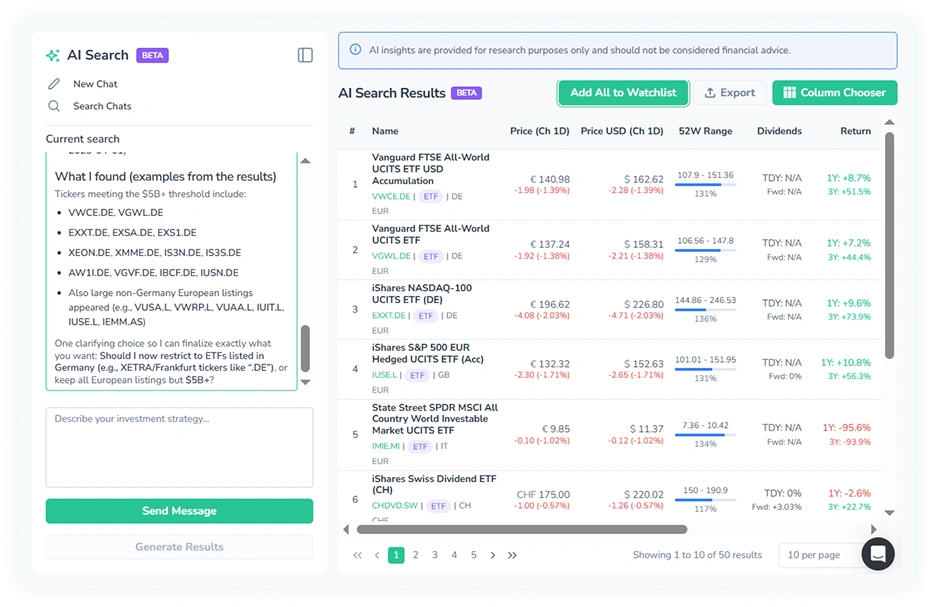 Screenshot of an active AI search chat in FinImpulse with the generated AI search results table displayed in the right panel.