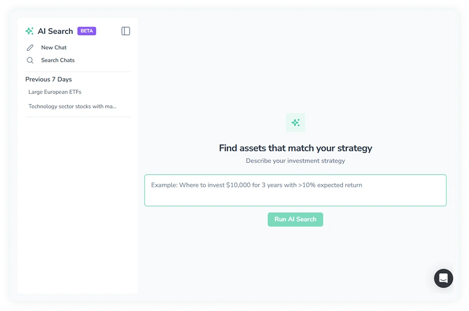 Screenshot of the AI search starting interface in FinImpulse, showing the query input field and “Run AI Search” button in the right panel, and the chats panel on the left.