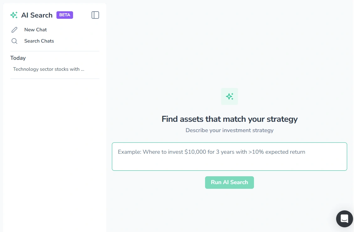 Screenshot of the AI search starting interface in FinImpulse, showing the query input field and “Run AI Search” button in the right panel, and the chats panel on the left.