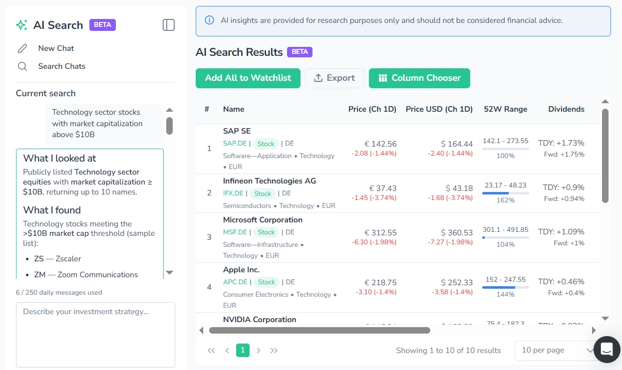 Screenshot of an active AI search chat in FinImpulse with the generated AI search results table displayed in the right panel.
