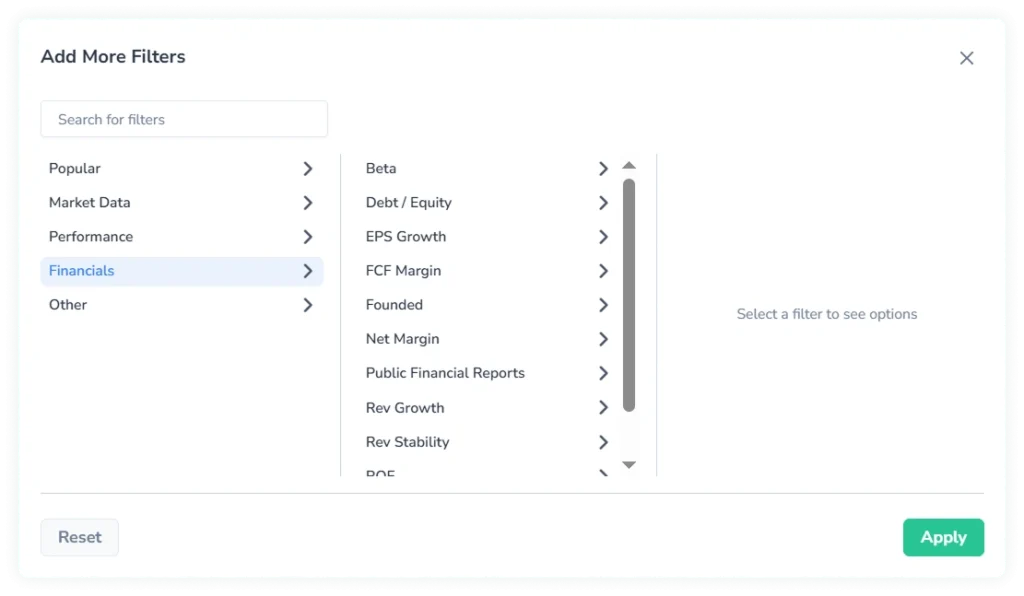 Screenshot of the Add More Filters dialog in FinImpulse with the Financials category selected, showing Beta, Debt/Equity, EPS Growth, FCF Margin, Founded, Net Margin, Public Financial Reports, Rev Growth, and Rev Stability filters listed.