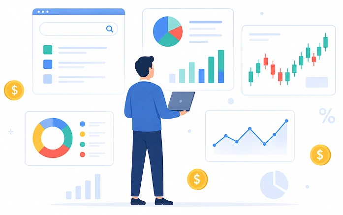 Person standing with a laptop surrounded by financial data panels — charts, graphs, and search interface — representing structured market data access via the FinImpulse MCP Server.