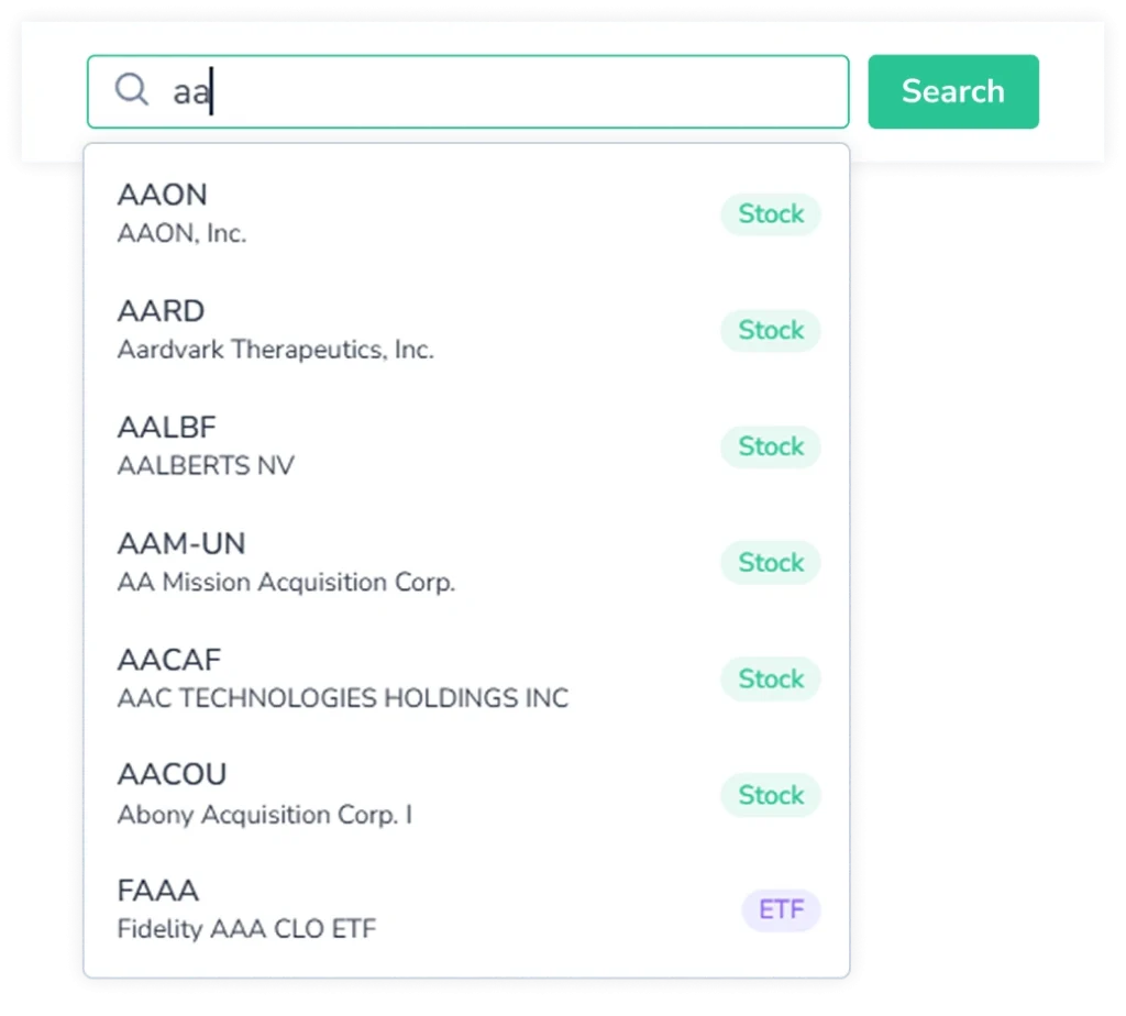 Top search bar in FinImpulse displaying autocomplete suggestions for query "aa" — tickers AAON, AARD, AALBF, AAM-UN, AACAF, AACOU, and FAAA