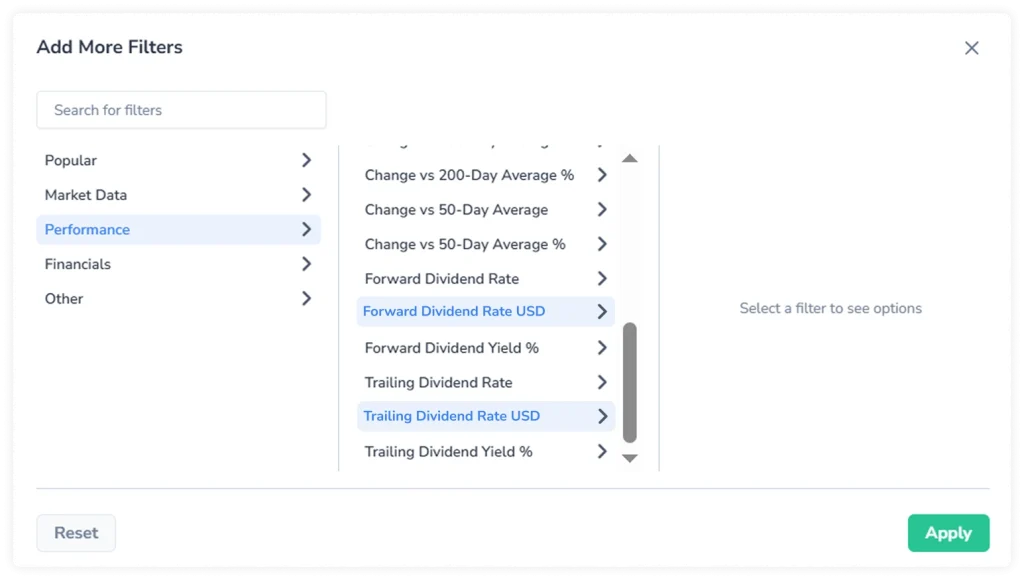FinImpulse Add More Filters panel with Forward Dividend Rate USD and Trailing Dividend Rate USD selected under the Performance category