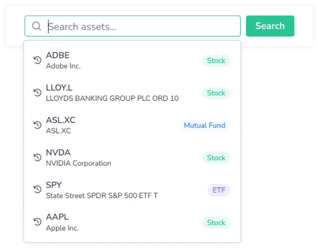 Top search bar in FinImpulse showing recent search history with tickers ADBE, LLOY.L, ASL.XC, NVDA, SPY, and AAPL