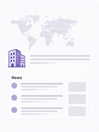 Wireframe illustration showing a world map with dotted texture at the top, a building icon with placeholder text lines below it, and a "News" section with three list items, each showing a purple bullet, placeholder text lines, and a gray thumbnail box.