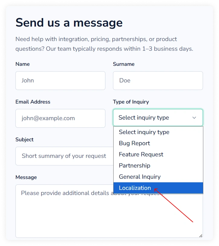 FinImpulse contact form showing the Type of Inquiry dropdown, with an arrow pointing to Localization.