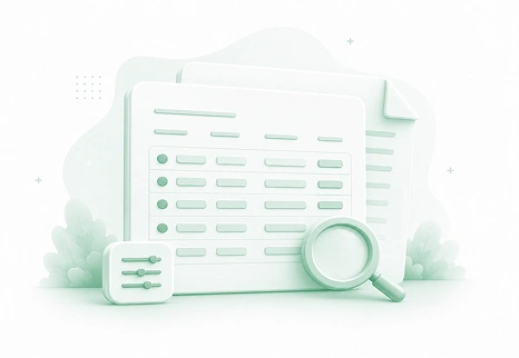 Soft green dashboard graphic with a report panel, checklist lines, filter sliders, and a magnifying glass icon.