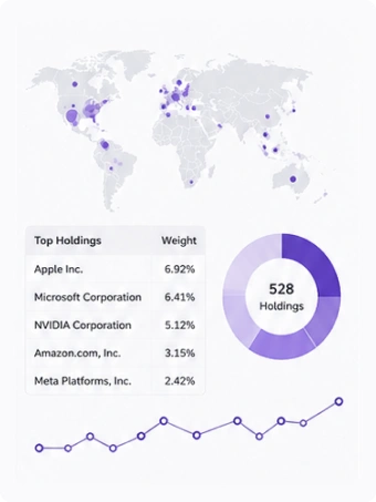 Wireframe illustration showing a world map with purple dots marking locations, a "Top Holdings" table below listing five companies with their weight percentages (6.92% down to 2.42%), a donut chart showing "528 Holdings," and a small line chart at the bottom.