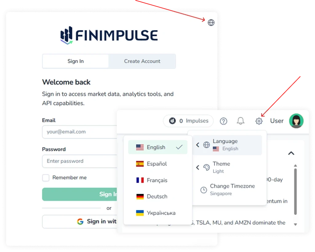 FinImpulse login page and account settings, with arrows marking the globe icon and the Language menu in Preferences.
