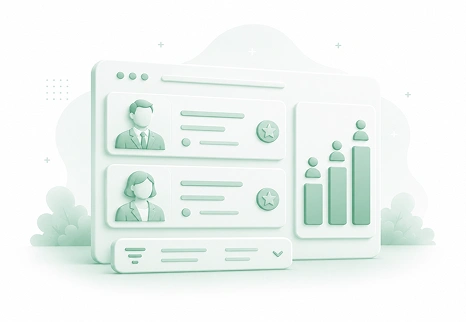 Soft green dashboard graphic with two profile cards, text lines, a rating badge, and a bar chart with figure icons.