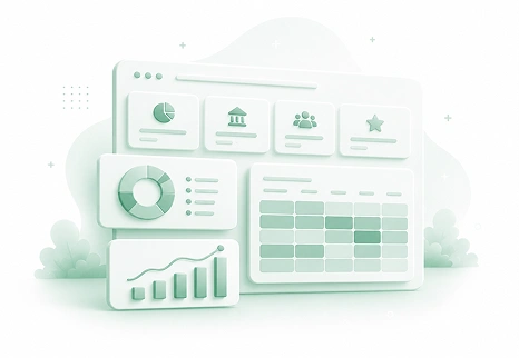 Soft green dashboard graphic with category icons (asset allocation, institutions, users, ratings), a donut chart, a color-coded data table, and a trend chart.