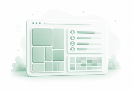 Soft green dashboard graphic with a colored heatmap grid and a panel of profile rows with avatars and placeholder lines.