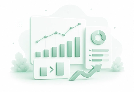 Soft green dashboard graphic with an ascending line chart, bar chart, donut chart, and an upward arrow.