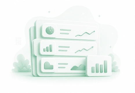 Soft green dashboard graphic with a pie chart, bar chart, and area chart panels stacked in rows, plus a small bar chart card.