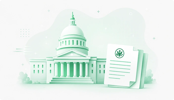 Soft green illustration of a capitol building alongside a document card with an eagle seal and text lines.