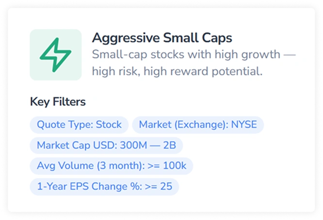 Aggressive Small Caps screener card in FinImpulse listing its five key filters: quote type, exchange, market cap range, average volume, and 1-year EPS change
