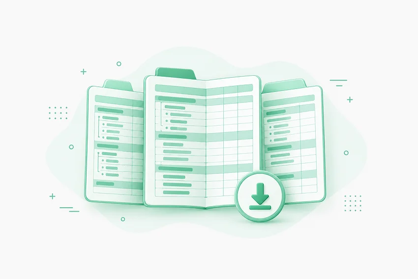 Illustration of three spreadsheet templates with nested line-item rows and a download icon, representing financial statements